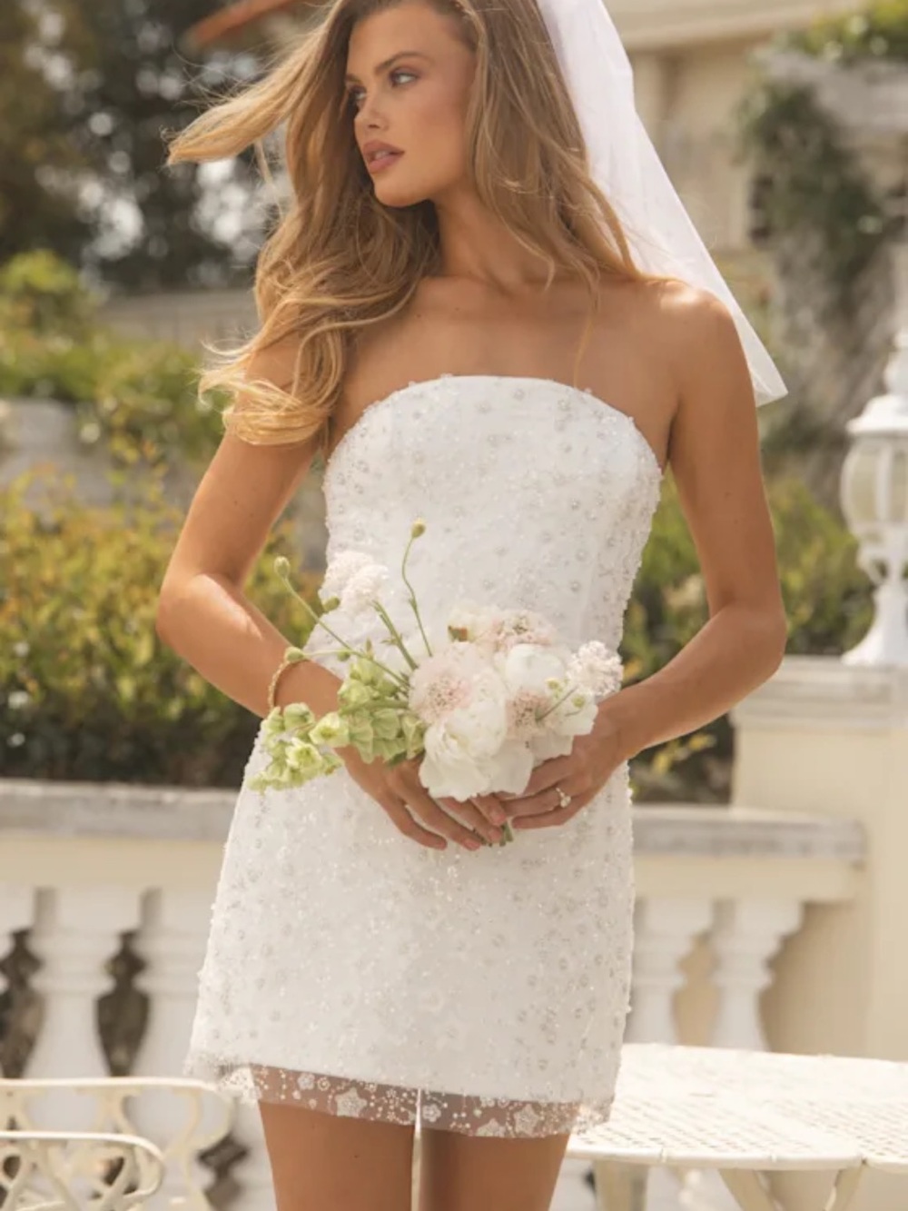 Lulu's Grecia White sequin Beaded Strapless Mini Dress